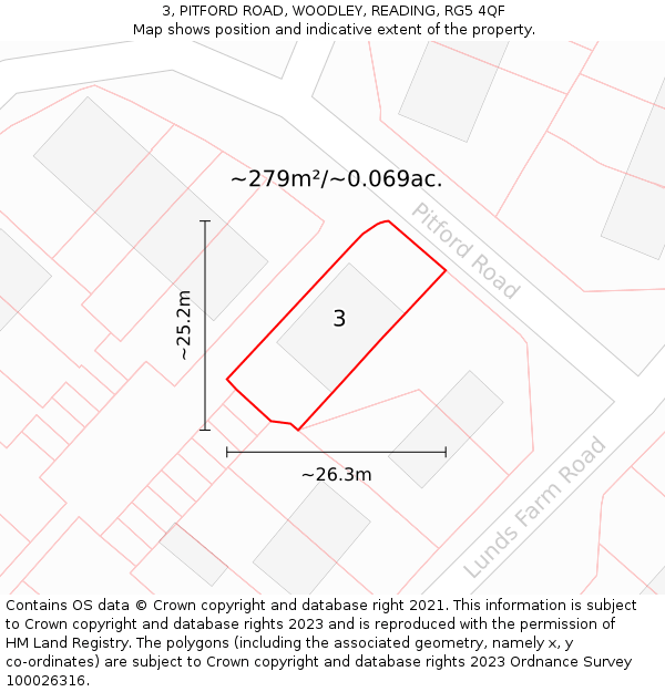 3, PITFORD ROAD, WOODLEY, READING, RG5 4QF: Plot and title map