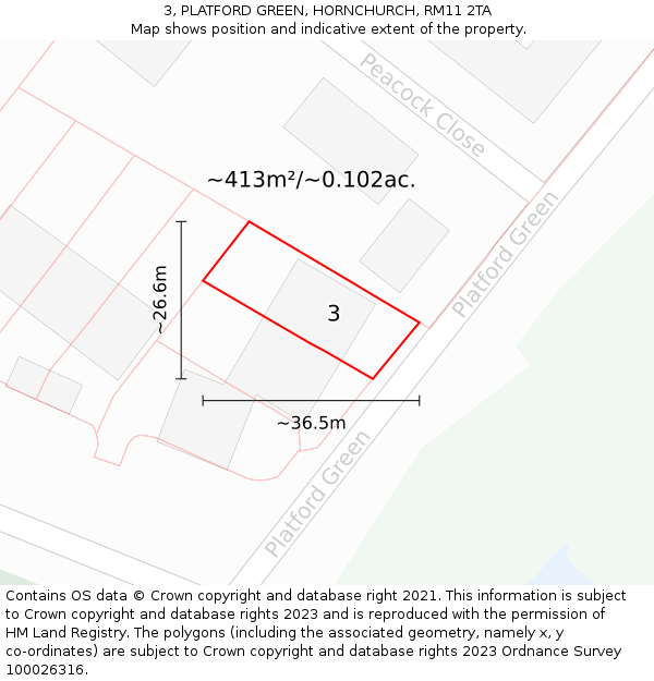3, PLATFORD GREEN, HORNCHURCH, RM11 2TA: Plot and title map