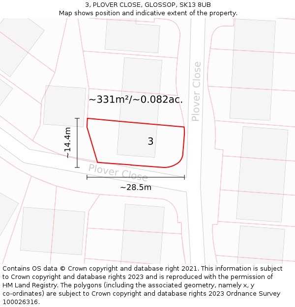 3, PLOVER CLOSE, GLOSSOP, SK13 8UB: Plot and title map