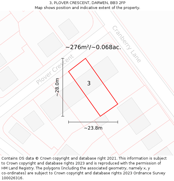 3, PLOVER CRESCENT, DARWEN, BB3 2FP: Plot and title map