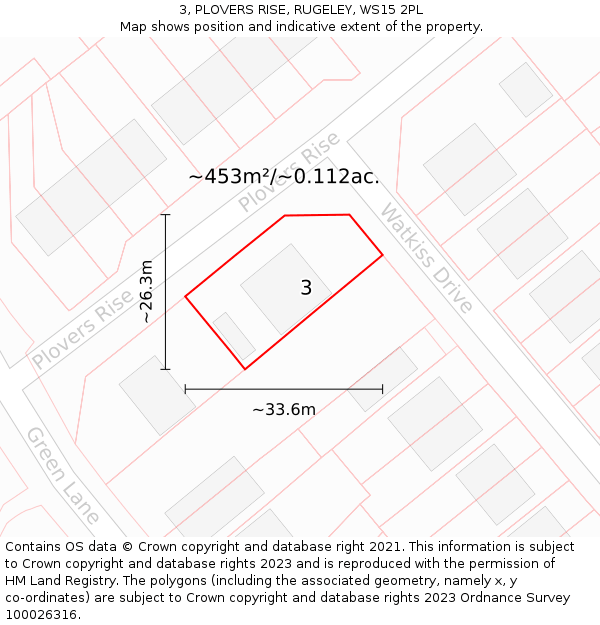 3, PLOVERS RISE, RUGELEY, WS15 2PL: Plot and title map