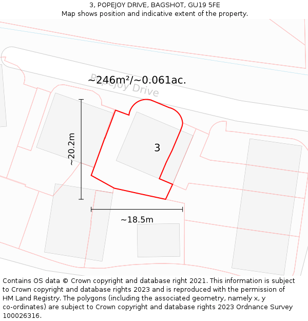 3, POPEJOY DRIVE, BAGSHOT, GU19 5FE: Plot and title map