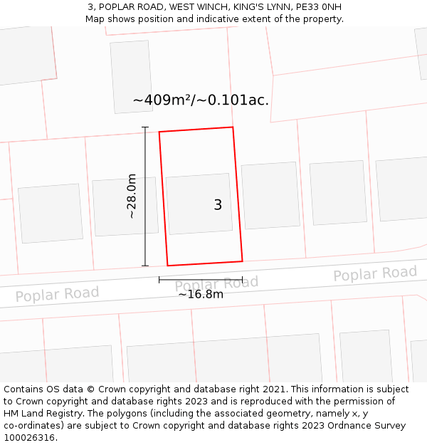 3, POPLAR ROAD, WEST WINCH, KING'S LYNN, PE33 0NH: Plot and title map