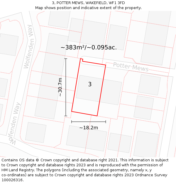 3, POTTER MEWS, WAKEFIELD, WF1 3FD: Plot and title map