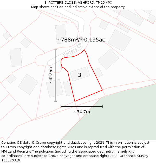 3, POTTERS CLOSE, ASHFORD, TN25 4PX: Plot and title map