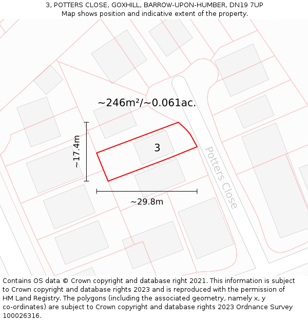 3, POTTERS CLOSE, GOXHILL, BARROW-UPON-HUMBER, DN19 7UP: Plot and title map