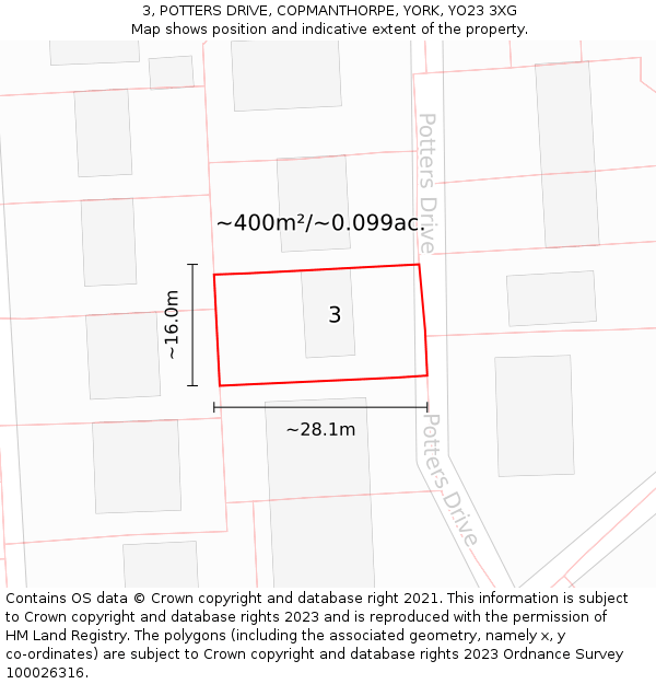 3, POTTERS DRIVE, COPMANTHORPE, YORK, YO23 3XG: Plot and title map