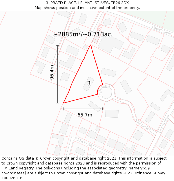 3, PRAED PLACE, LELANT, ST IVES, TR26 3DX: Plot and title map