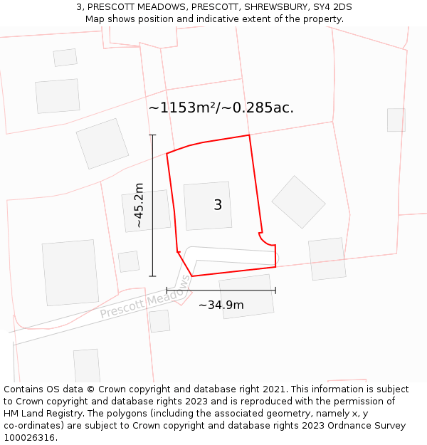 3, PRESCOTT MEADOWS, PRESCOTT, SHREWSBURY, SY4 2DS: Plot and title map