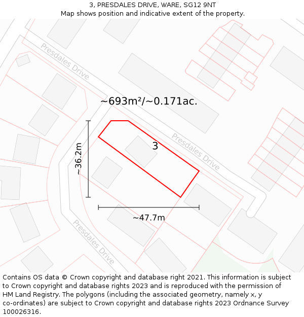 3, PRESDALES DRIVE, WARE, SG12 9NT: Plot and title map