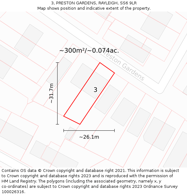 3, PRESTON GARDENS, RAYLEIGH, SS6 9LR: Plot and title map