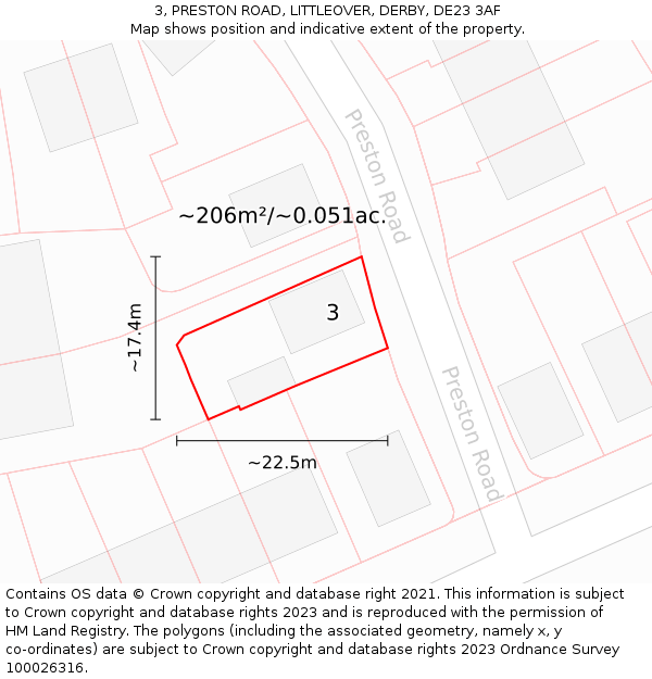 3, PRESTON ROAD, LITTLEOVER, DERBY, DE23 3AF: Plot and title map