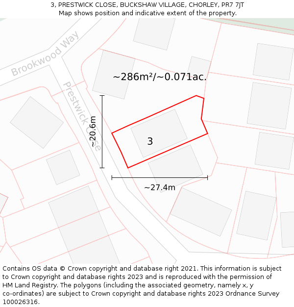 3, PRESTWICK CLOSE, BUCKSHAW VILLAGE, CHORLEY, PR7 7JT: Plot and title map