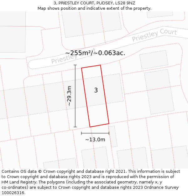 3, PRIESTLEY COURT, PUDSEY, LS28 9NZ: Plot and title map