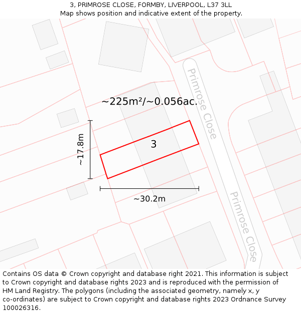 3, PRIMROSE CLOSE, FORMBY, LIVERPOOL, L37 3LL: Plot and title map