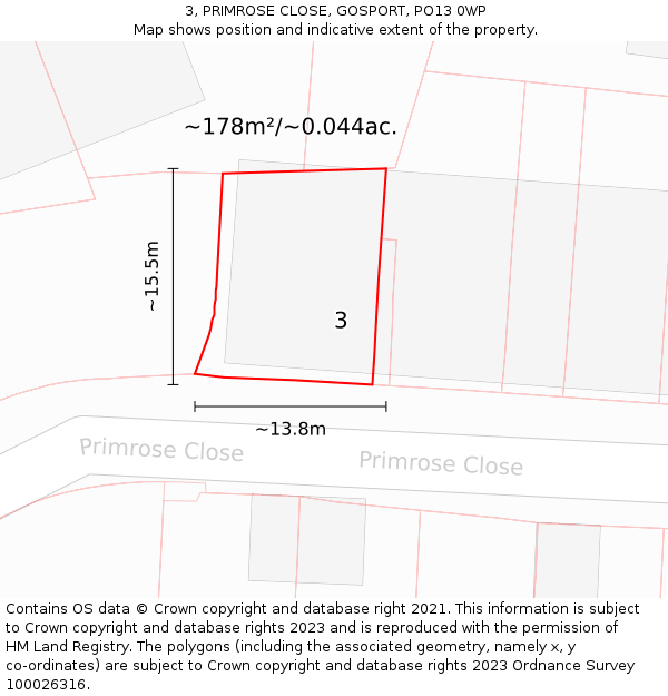 3, PRIMROSE CLOSE, GOSPORT, PO13 0WP: Plot and title map