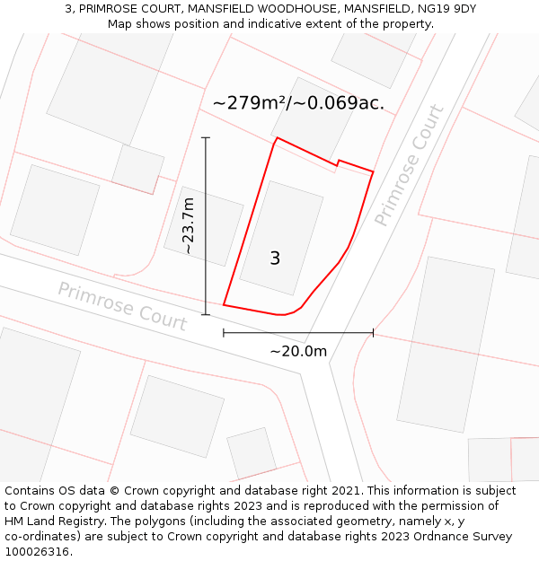 3, PRIMROSE COURT, MANSFIELD WOODHOUSE, MANSFIELD, NG19 9DY: Plot and title map