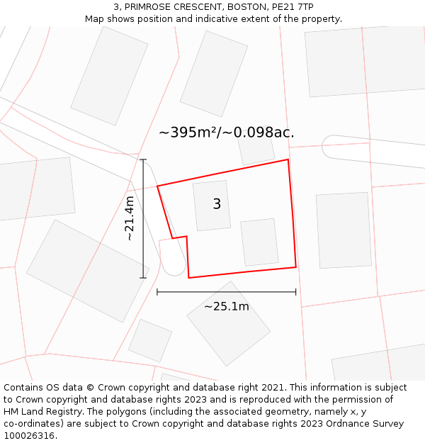 3, PRIMROSE CRESCENT, BOSTON, PE21 7TP: Plot and title map