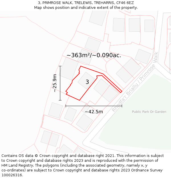 3, PRIMROSE WALK, TRELEWIS, TREHARRIS, CF46 6EZ: Plot and title map