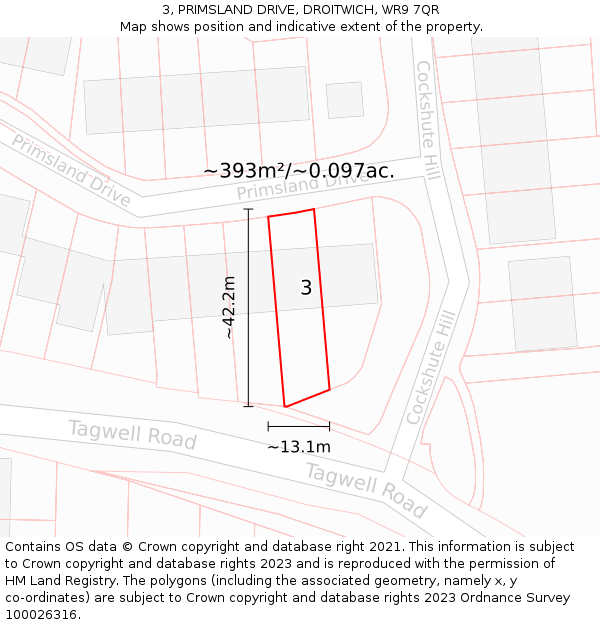 3, PRIMSLAND DRIVE, DROITWICH, WR9 7QR: Plot and title map