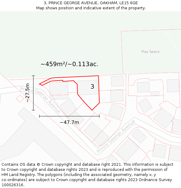 3, PRINCE GEORGE AVENUE, OAKHAM, LE15 6GE: Plot and title map