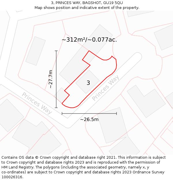 3, PRINCES WAY, BAGSHOT, GU19 5QU: Plot and title map