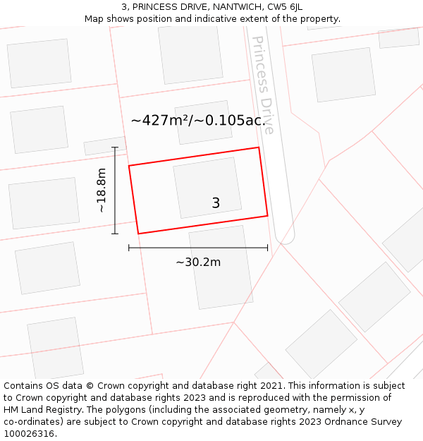 3, PRINCESS DRIVE, NANTWICH, CW5 6JL: Plot and title map