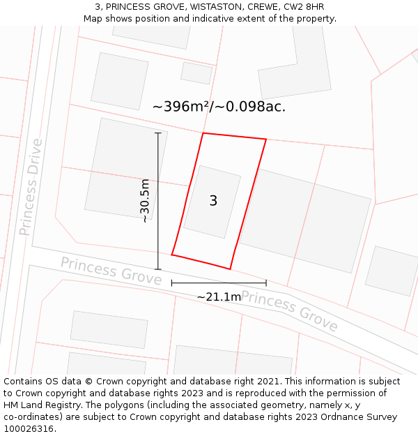 3, PRINCESS GROVE, WISTASTON, CREWE, CW2 8HR: Plot and title map