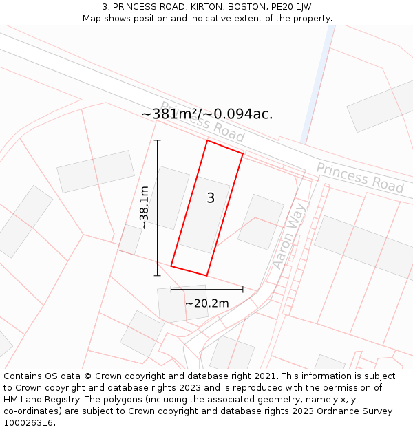 3, PRINCESS ROAD, KIRTON, BOSTON, PE20 1JW: Plot and title map