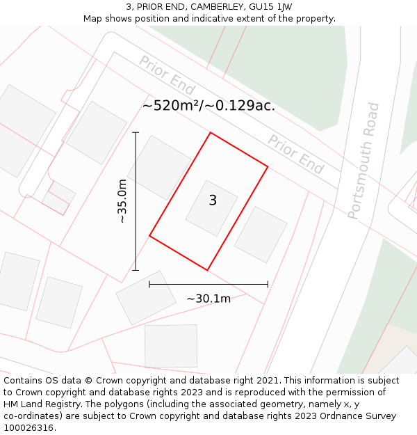 3, PRIOR END, CAMBERLEY, GU15 1JW: Plot and title map