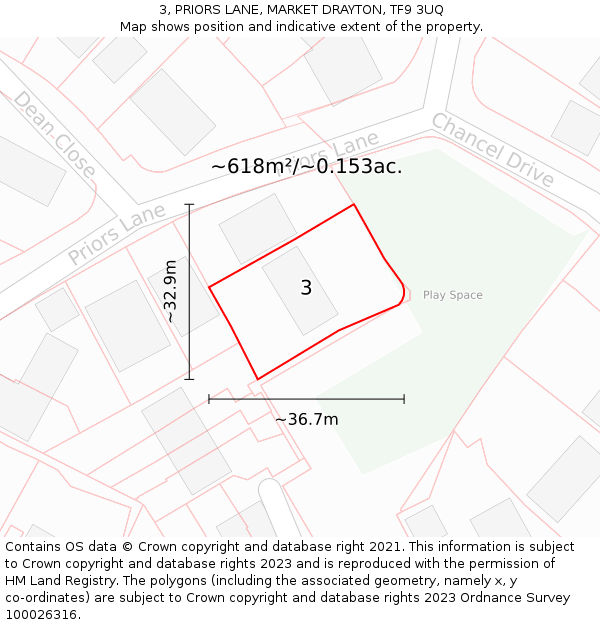 3, PRIORS LANE, MARKET DRAYTON, TF9 3UQ: Plot and title map