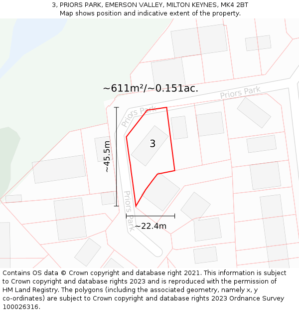 3, PRIORS PARK, EMERSON VALLEY, MILTON KEYNES, MK4 2BT: Plot and title map