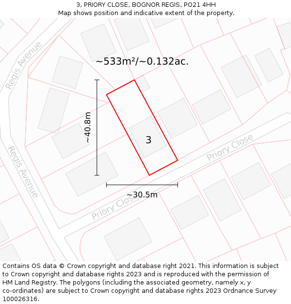 3, PRIORY CLOSE, BOGNOR REGIS, PO21 4HH: Plot and title map