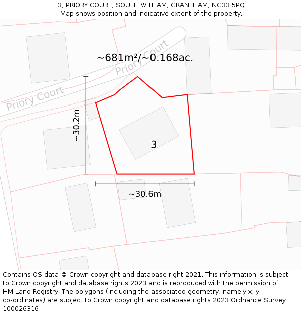 3, PRIORY COURT, SOUTH WITHAM, GRANTHAM, NG33 5PQ: Plot and title map