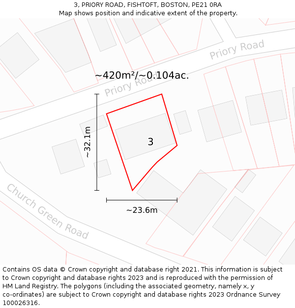 3, PRIORY ROAD, FISHTOFT, BOSTON, PE21 0RA: Plot and title map