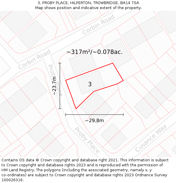 3, PROBY PLACE, HILPERTON, TROWBRIDGE, BA14 7SA: Plot and title map