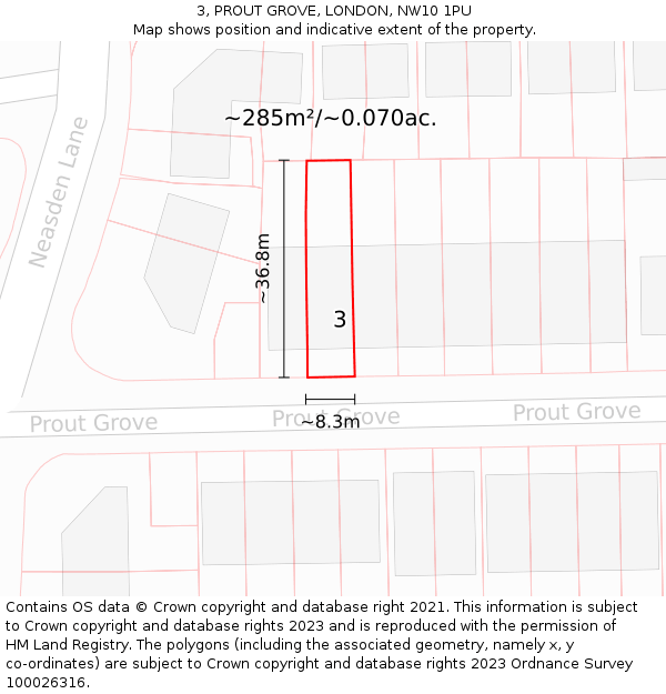 3, PROUT GROVE, LONDON, NW10 1PU: Plot and title map