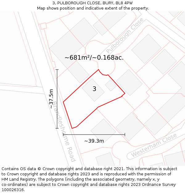 3, PULBOROUGH CLOSE, BURY, BL8 4PW: Plot and title map