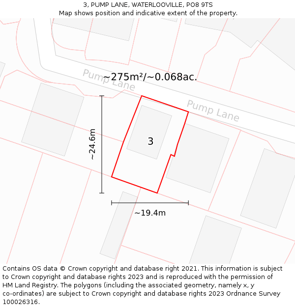 3, PUMP LANE, WATERLOOVILLE, PO8 9TS: Plot and title map