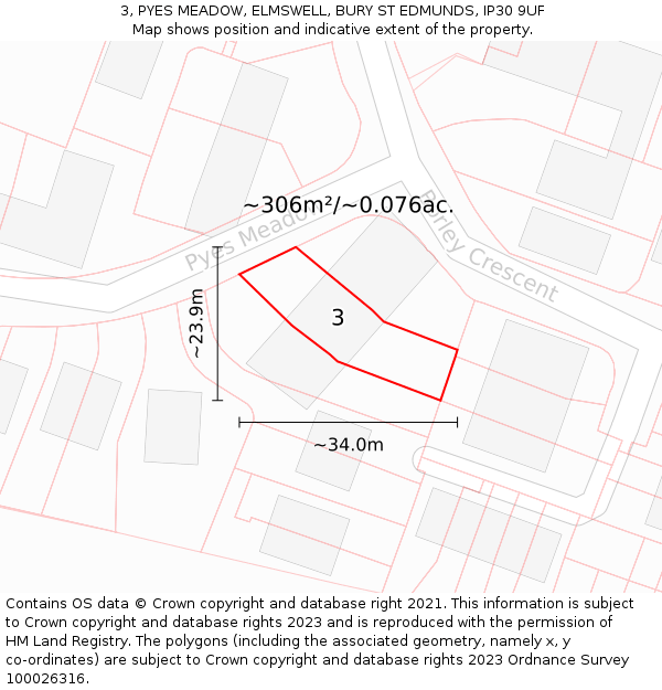 3, PYES MEADOW, ELMSWELL, BURY ST EDMUNDS, IP30 9UF: Plot and title map