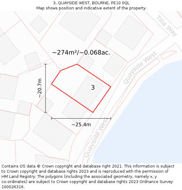 3, QUAYSIDE WEST, BOURNE, PE10 0QL: Plot and title map