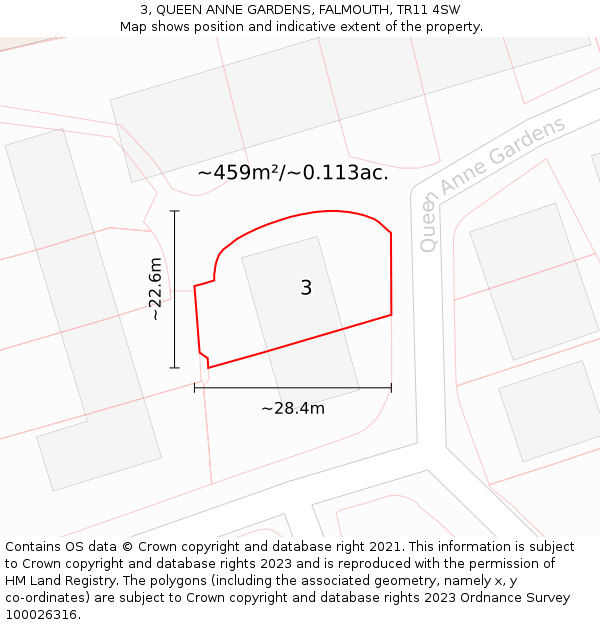 3, QUEEN ANNE GARDENS, FALMOUTH, TR11 4SW: Plot and title map