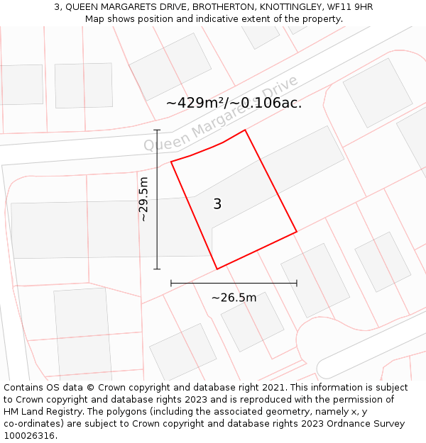 3, QUEEN MARGARETS DRIVE, BROTHERTON, KNOTTINGLEY, WF11 9HR: Plot and title map