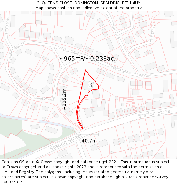 3, QUEENS CLOSE, DONINGTON, SPALDING, PE11 4UY: Plot and title map