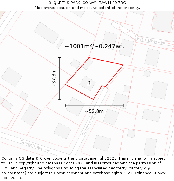 3, QUEENS PARK, COLWYN BAY, LL29 7BG: Plot and title map