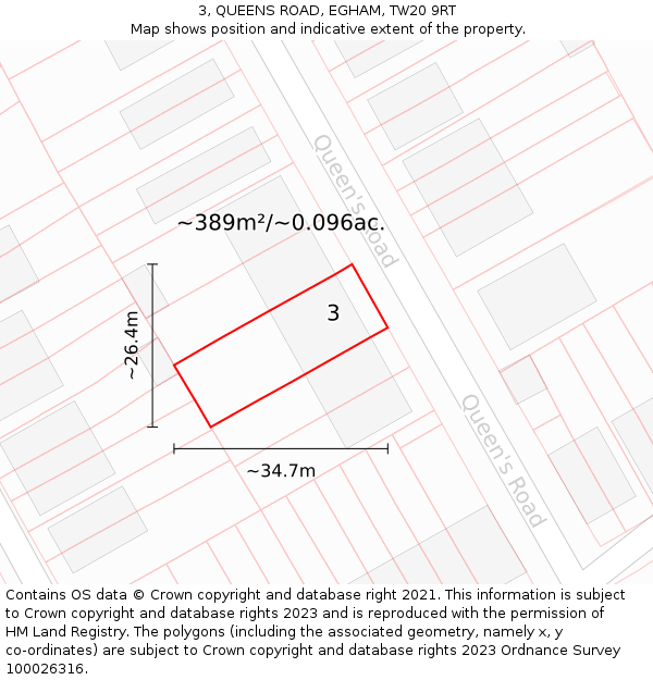 3, QUEENS ROAD, EGHAM, TW20 9RT: Plot and title map