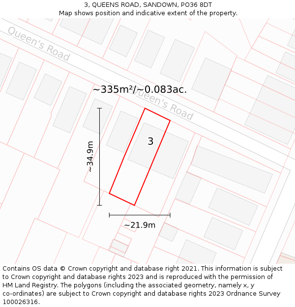 3, QUEENS ROAD, SANDOWN, PO36 8DT: Plot and title map