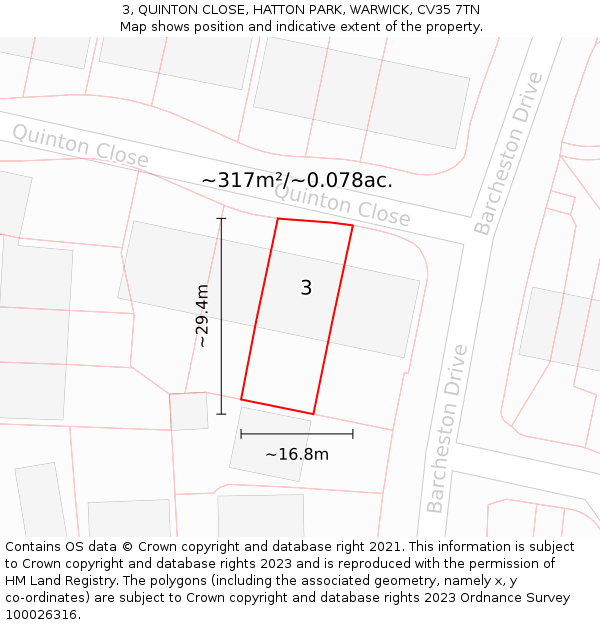 3, QUINTON CLOSE, HATTON PARK, WARWICK, CV35 7TN: Plot and title map