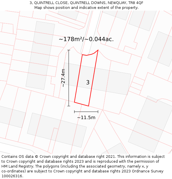 3, QUINTRELL CLOSE, QUINTRELL DOWNS, NEWQUAY, TR8 4QF: Plot and title map