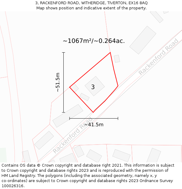 3, RACKENFORD ROAD, WITHERIDGE, TIVERTON, EX16 8AQ: Plot and title map